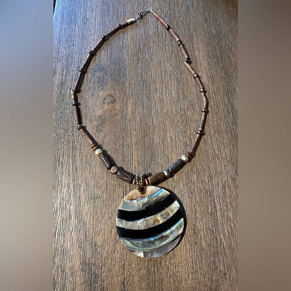 Black and Abalone Necklace with Wooden Beads